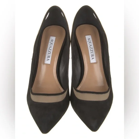 Aquazzura Soiree Pump 105 Black Suede Gold Chain Heels Size 37 / 7.5